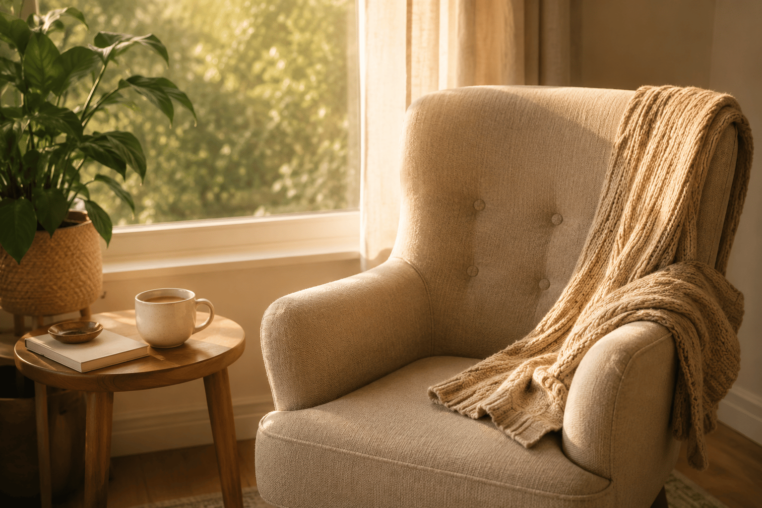 Sunlit chair with a draped cardigan beside a mug of tea and a houseplant in a quiet, warm room, representing grief, reflection, and comfort.